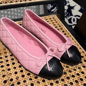 CHANEL Pink Quilted Flats with Black Cap Toe